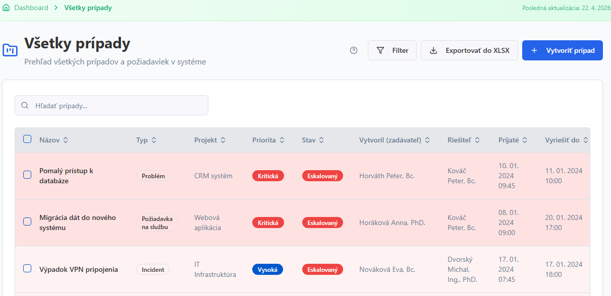 Screenshot: Všetky prípady
